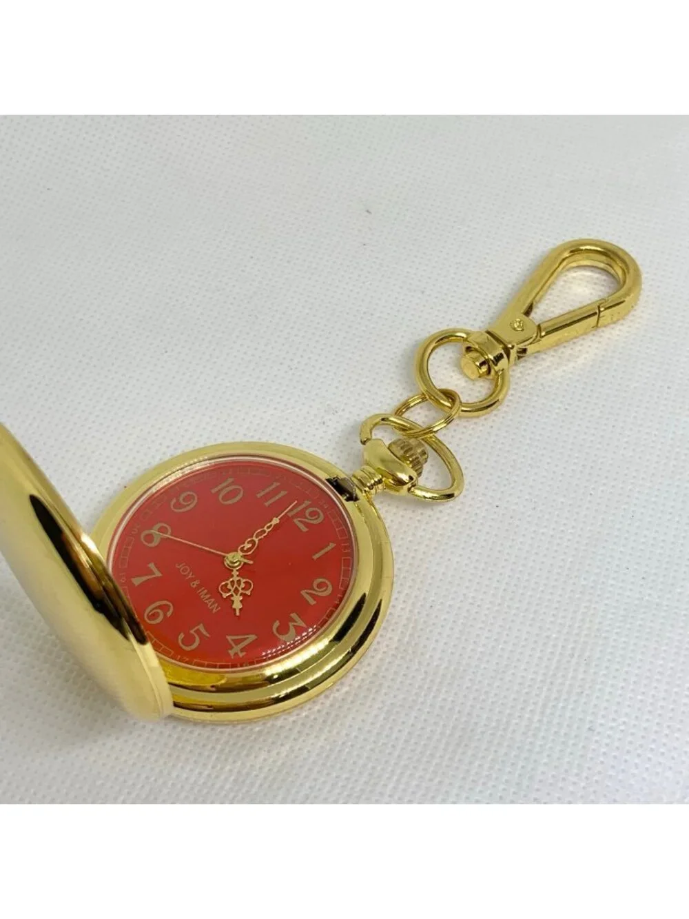 joy & iman Pocket Watch Quartz Clip On Purse Fob Gold Tone red dial running